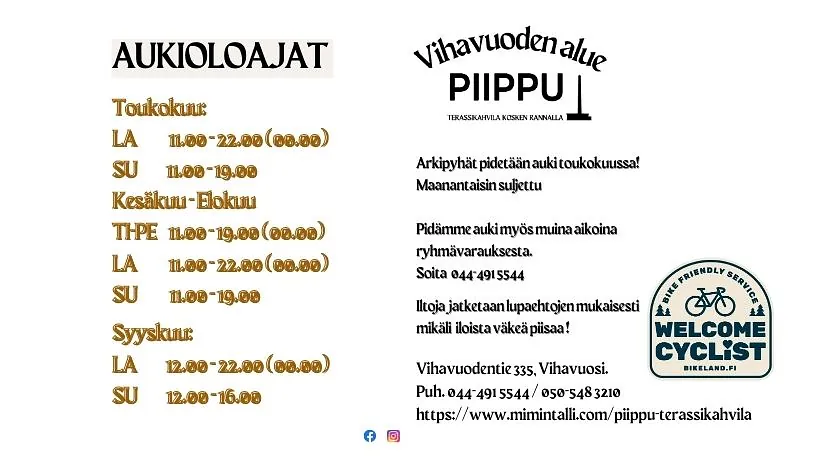 Piippu Terassikahvilan aukioloajat, welcome cyclist!